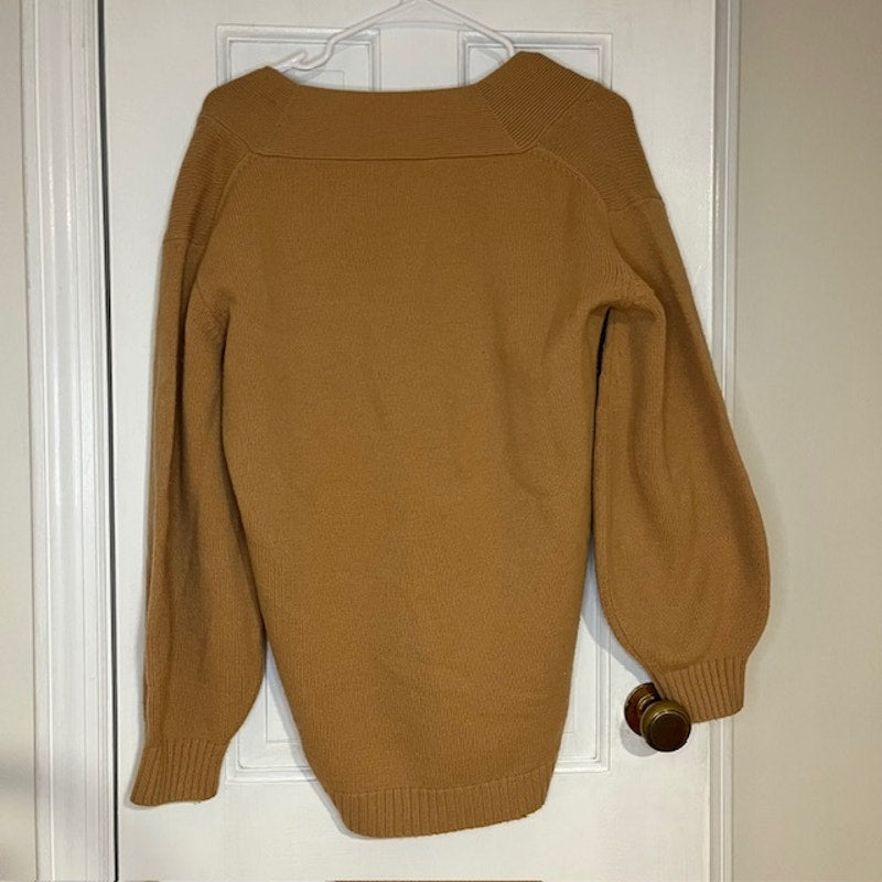 Tibi Merino Wool Blend V-neck Puff Sleeve Camel Sweater - Size Small