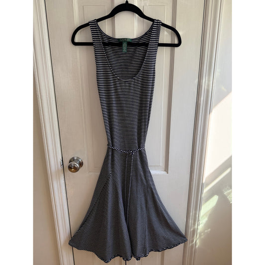 Lauren Ralph Lauren Navy Blue & White Striped Sleeveless Fit & Flare Dress S EUC
