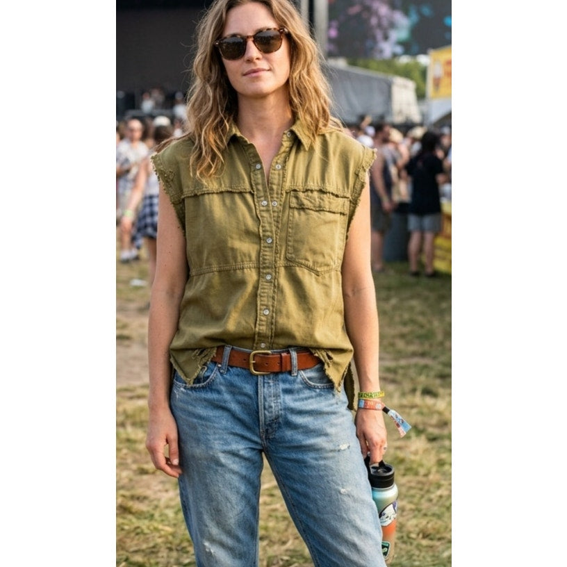 We The Free People Drifter Vest - Olive Green Distressed Denim - Size Small - EUC