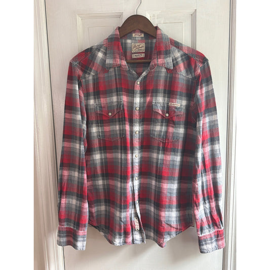 Lucky Brand Men's Slim Fit Long Sleeve Western Plaid Shirt - Red & Grey, Medium