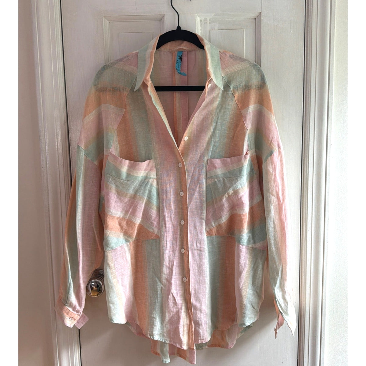 Free People Pastel Striped Linen-Blend Button-Down Top, Medium 