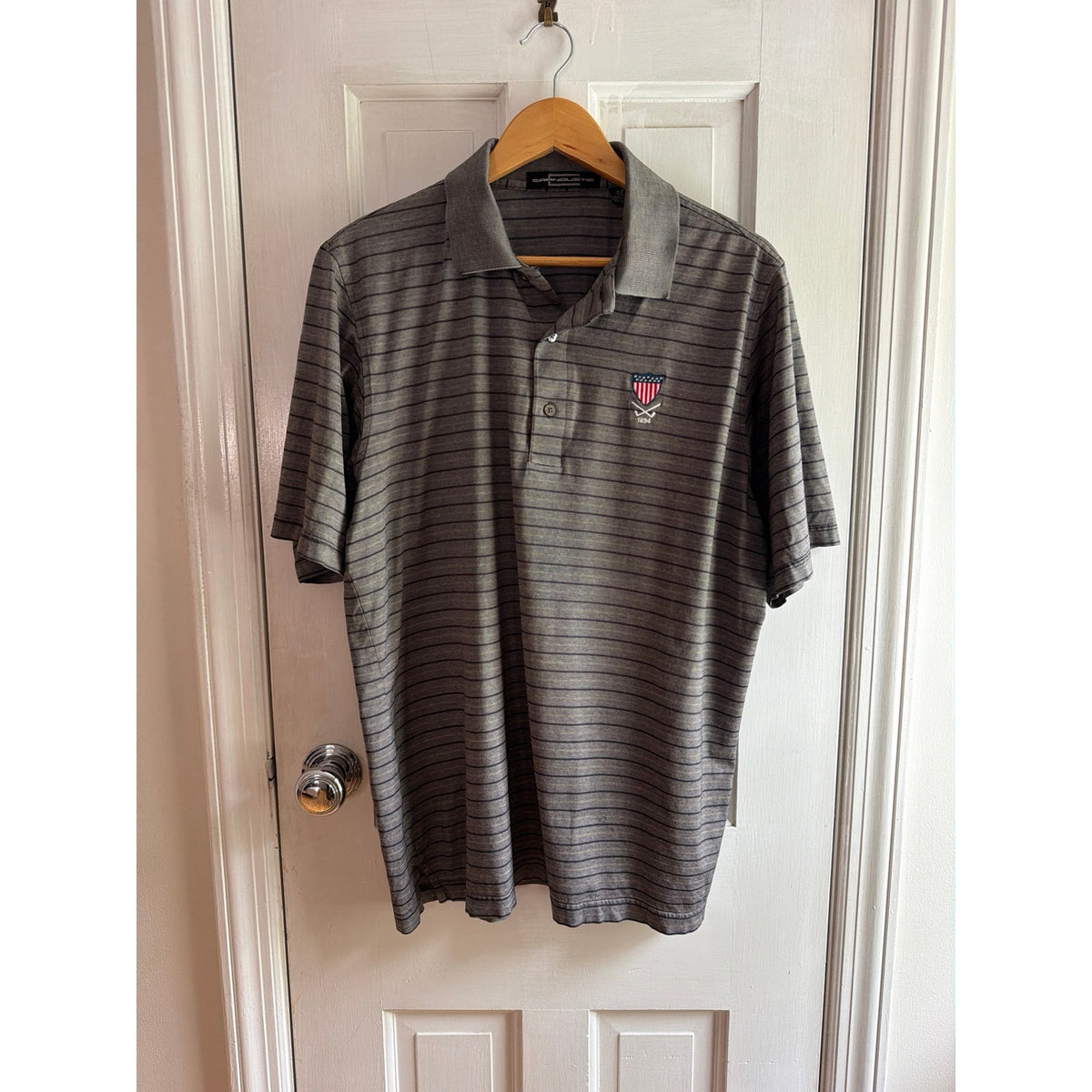 Carnoustie USGA 1894 Embroidered Striped Polo Shirt Grey Medium