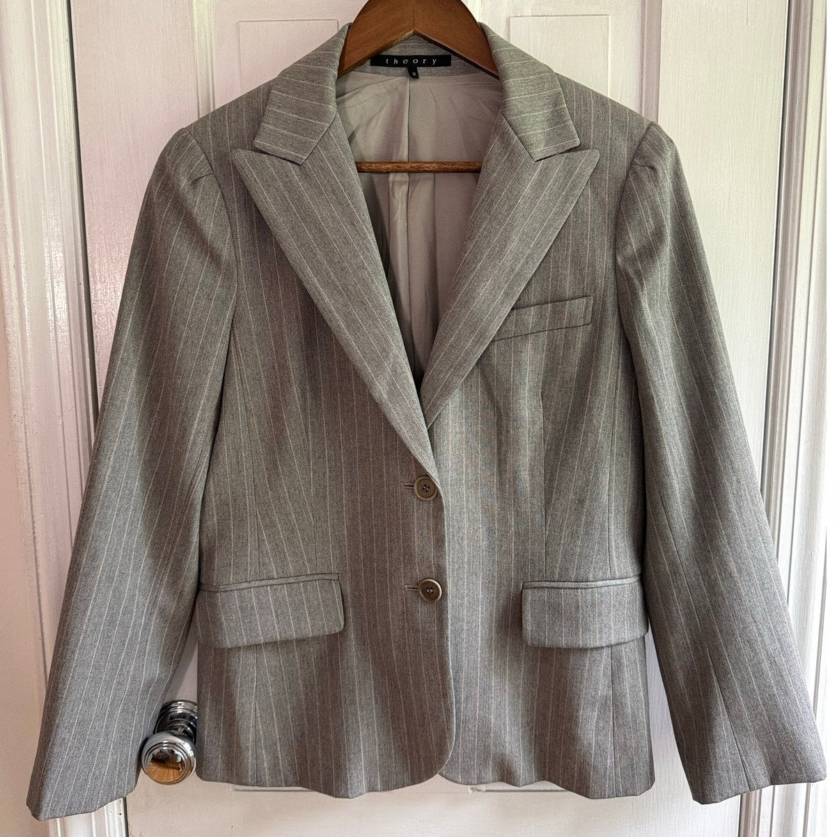 Theory Blazer 2 XS S Medium Gray White Pinstripe Wool Cotton Suit Jacket Made USA