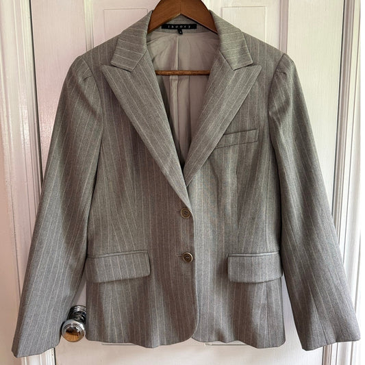 Theory Blazer 2 XS S Medium Gray White Pinstripe Wool Cotton Suit Jacket Made USA