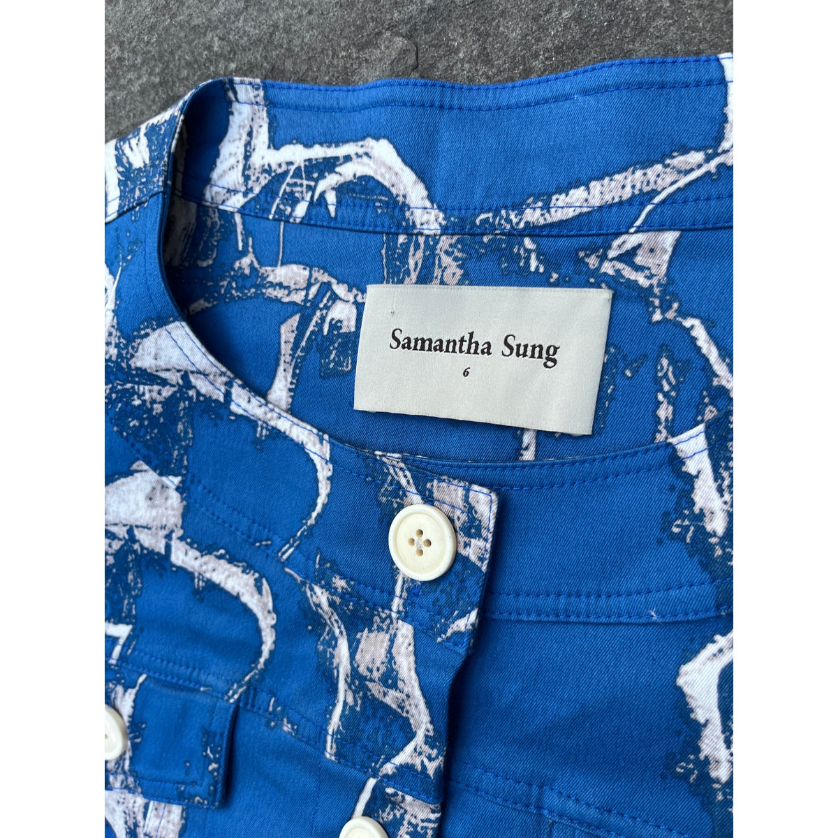 Samantha Sung Hand Printed Bali Cropped Jacket Blue White Abstract Cotton Size 6