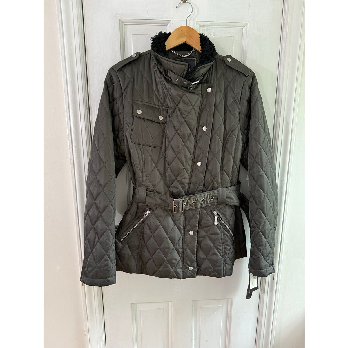 Via Spiga NWT Down Fox Fur Trim Puffer Coat Black Quilted Parka Jacket Women's M