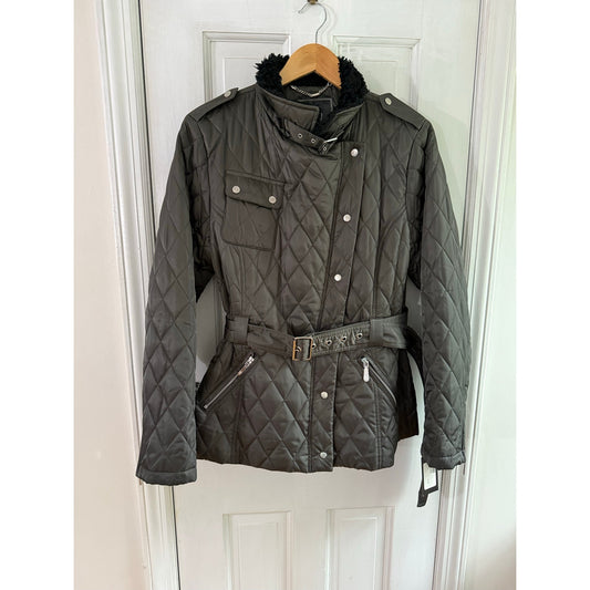 Via Spiga NWT Down Fox Fur Trim Puffer Coat Black Quilted Parka Jacket Women's M
