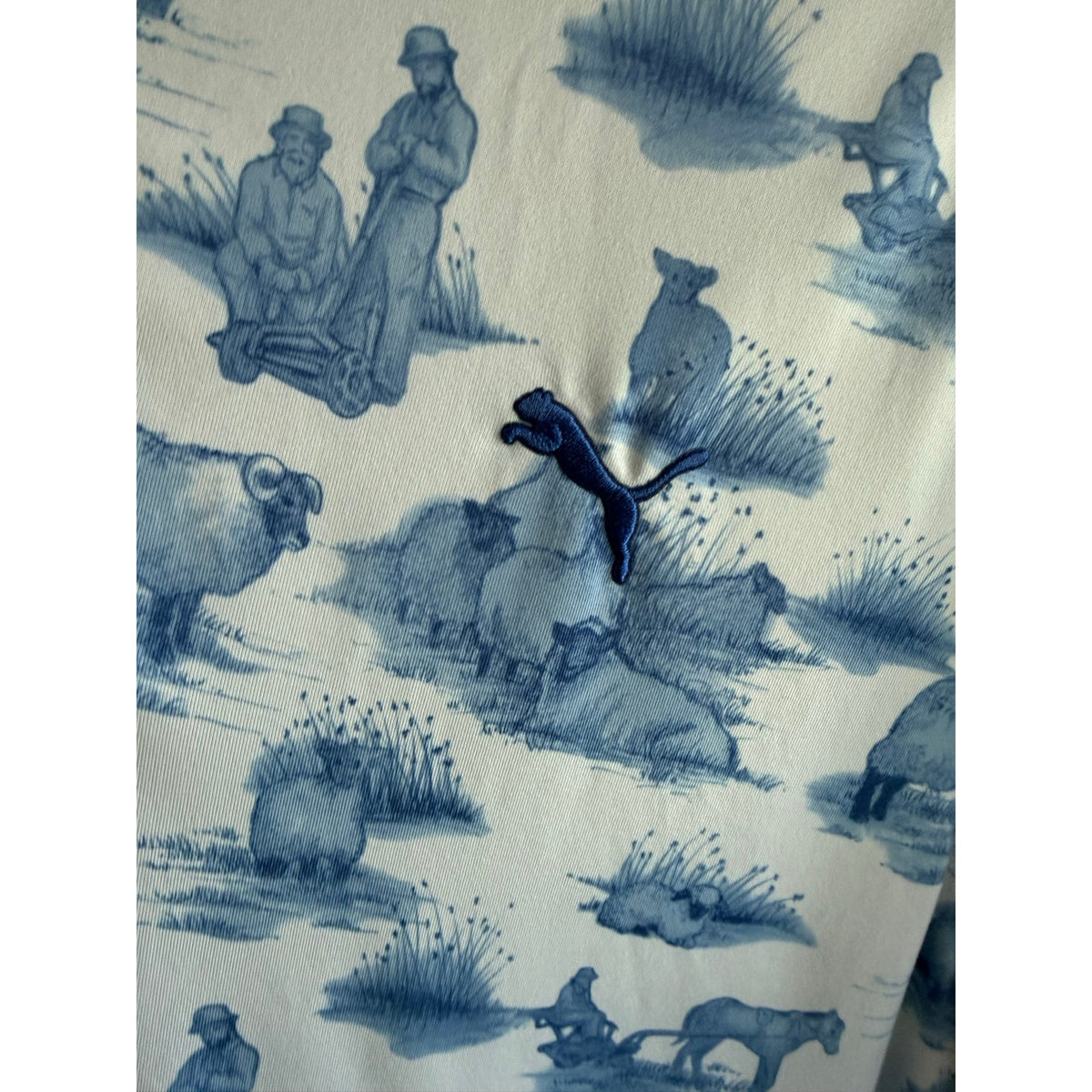 RARE Puma Golf Toile Scenic Landscape Pagoda Blue White Polo Shirt Men's Large