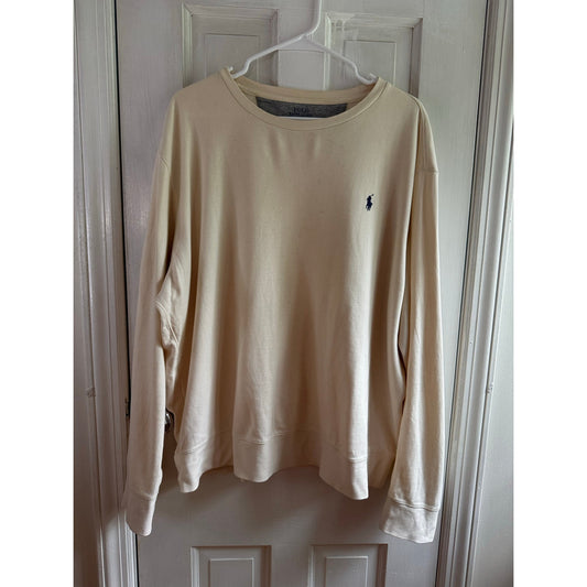 Polo Ralph Lauren Men's M Cream Long Sleeve Knit Shirt Navy Blue Pony EUC