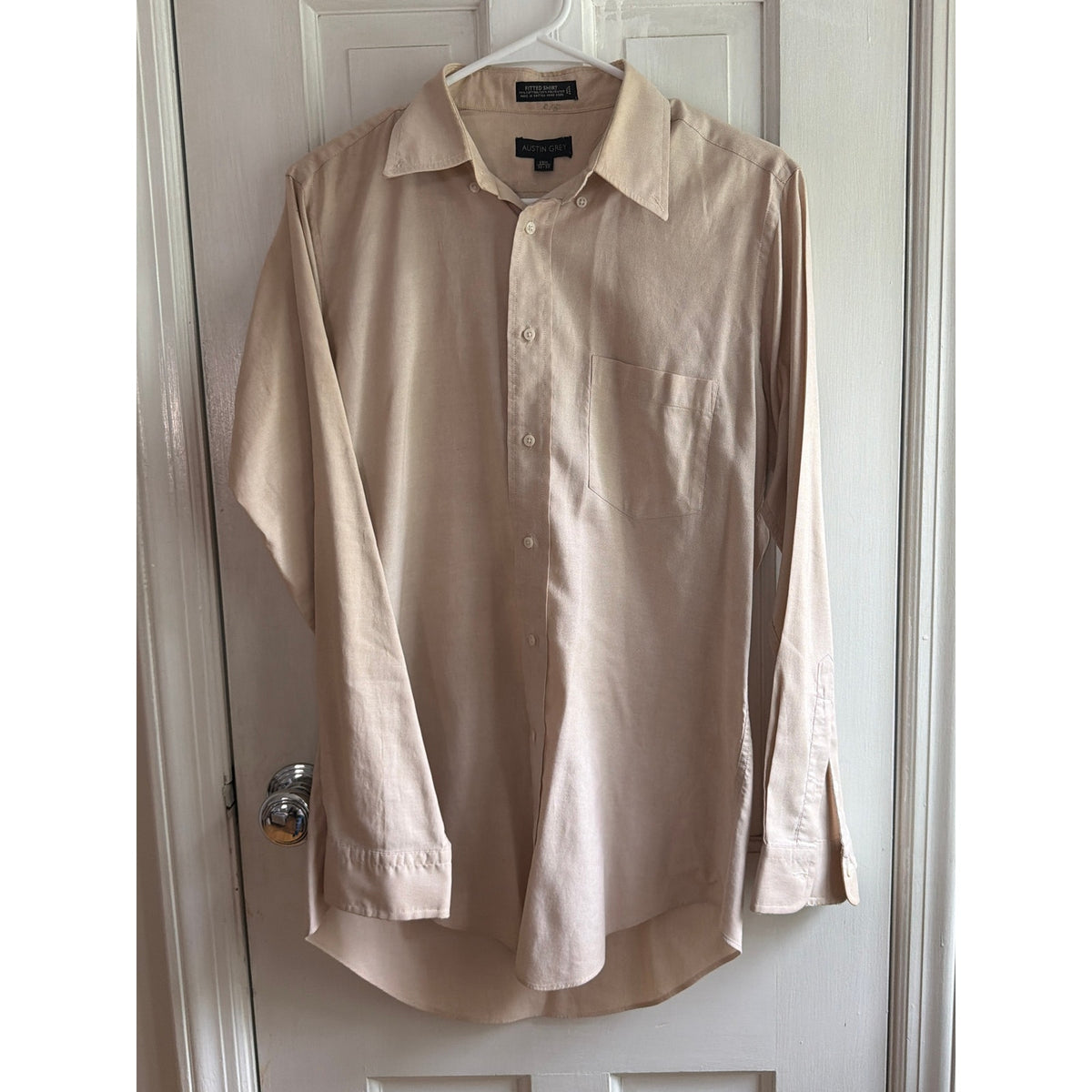 Vintage Austin Grey Fitted Shirt Salmon Pink Size 32-33 Long Sleeve Button Up