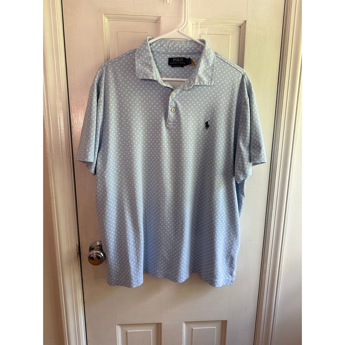 Rare Polo Ralph Lauren Sky Blue Lucky Clover Pattern Polo Shirt Men's Navy Pony