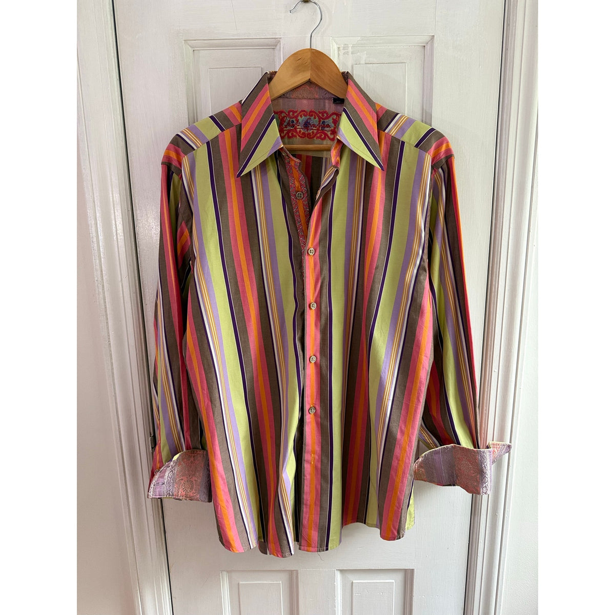 Robert Graham Shirt Mens Large Multi Stripe Embroidered Contrast Flip Cuff
