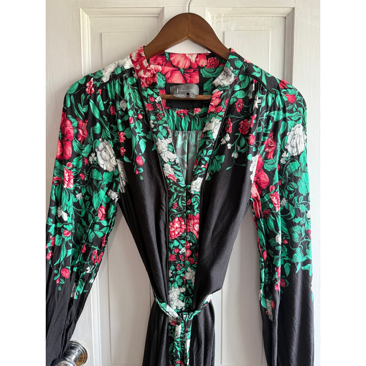 Anthropologie Black Floral Long Sleeve Dress - Green/Pink Leaf Print- Small
