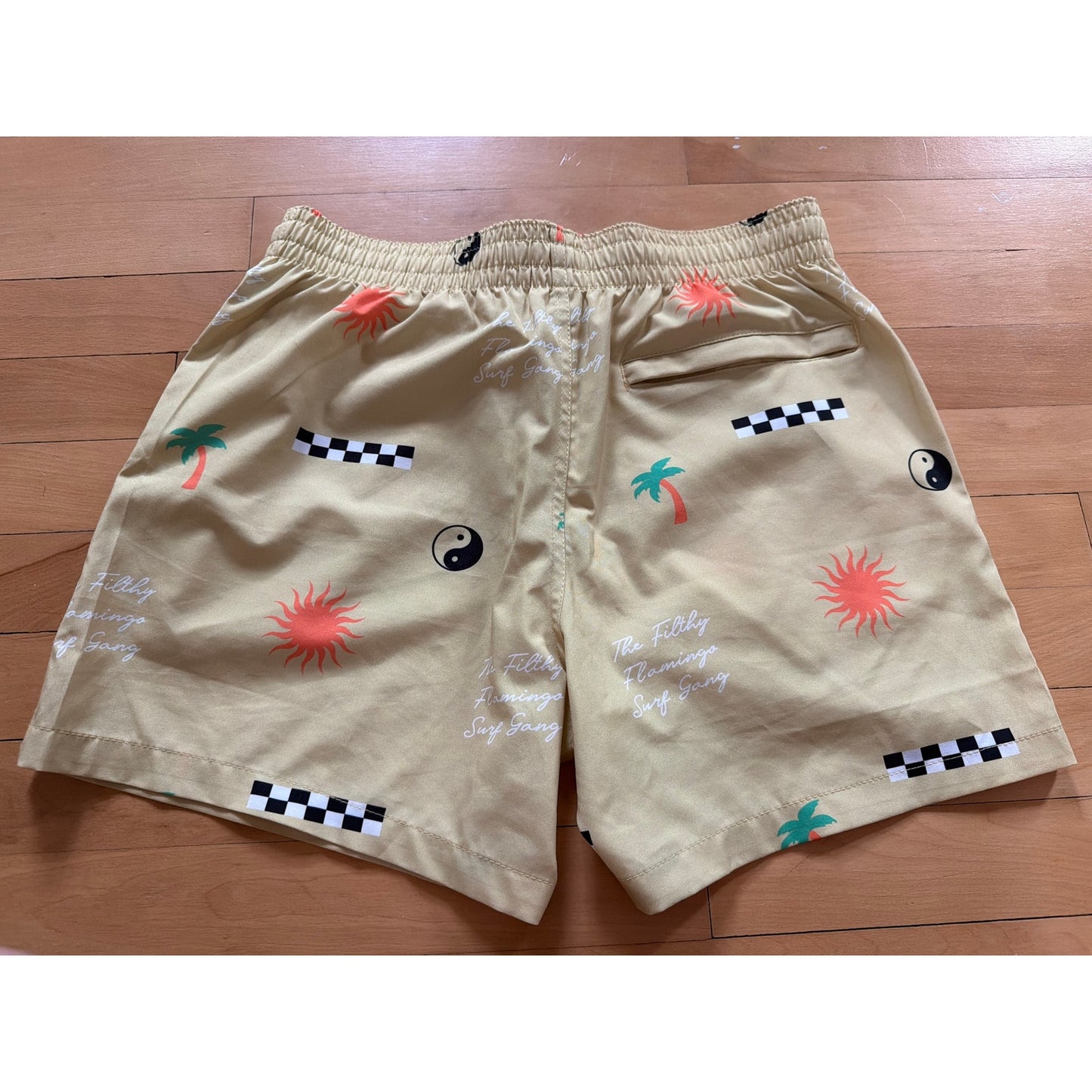 Duvin Mens Sm Yellow Tropical Sun Yin Yang Swim Trunks EUC