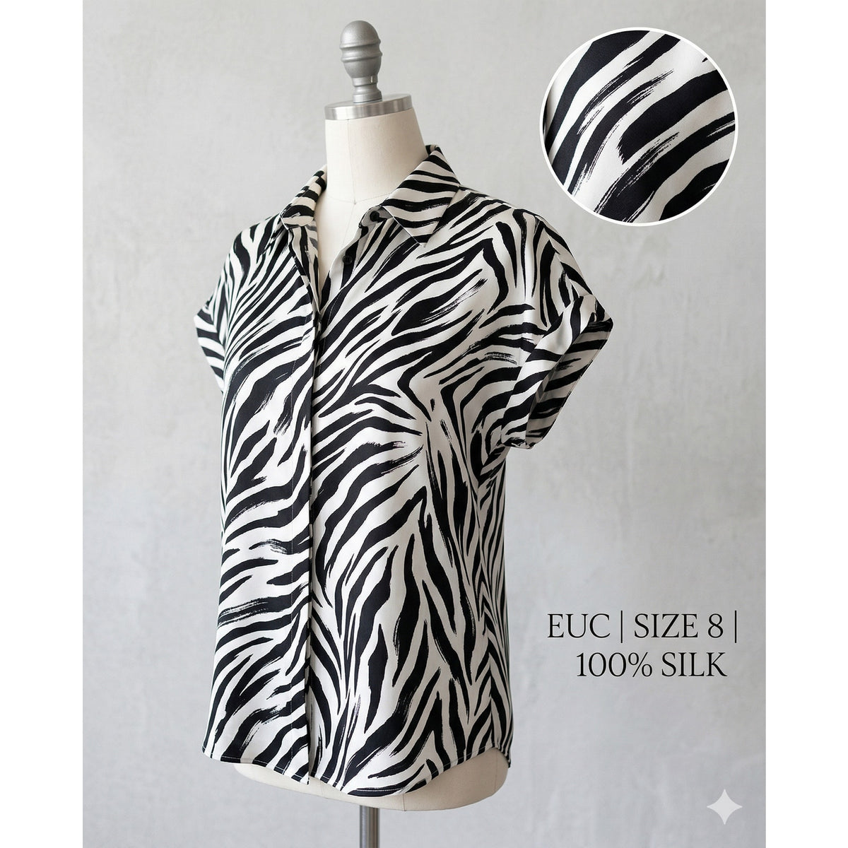 Lafayette 148 NY Zebra Silk Short Sleeve Blouse Size 8 EUC