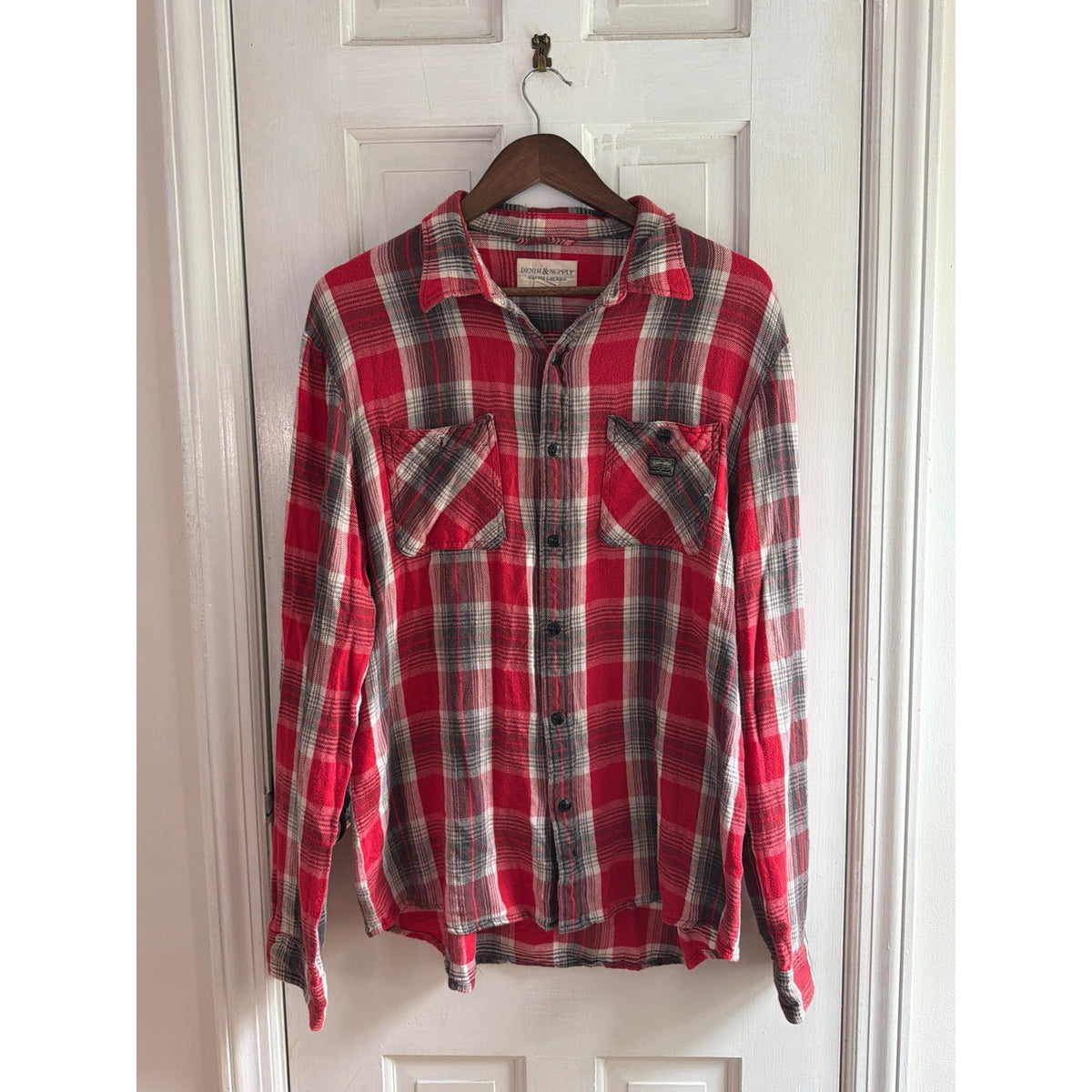 Denim & Supply Ralph Lauren Red Plaid Boyfriend Flannel Button Up Shirt Sz XL 🌲