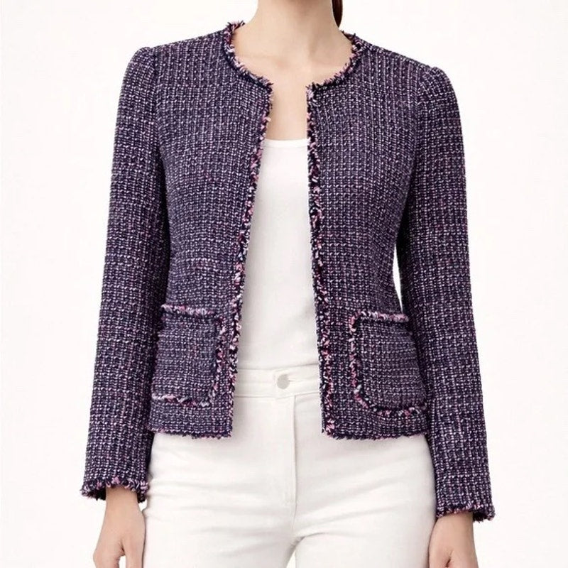 REBECCA TAYLOR Navy Blue Pink Tweed Cropped Blazer Frayed Fringe Trim | US 2
