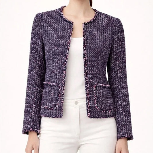 REBECCA TAYLOR Navy Blue Pink Tweed Cropped Blazer Frayed Fringe Trim | US 2