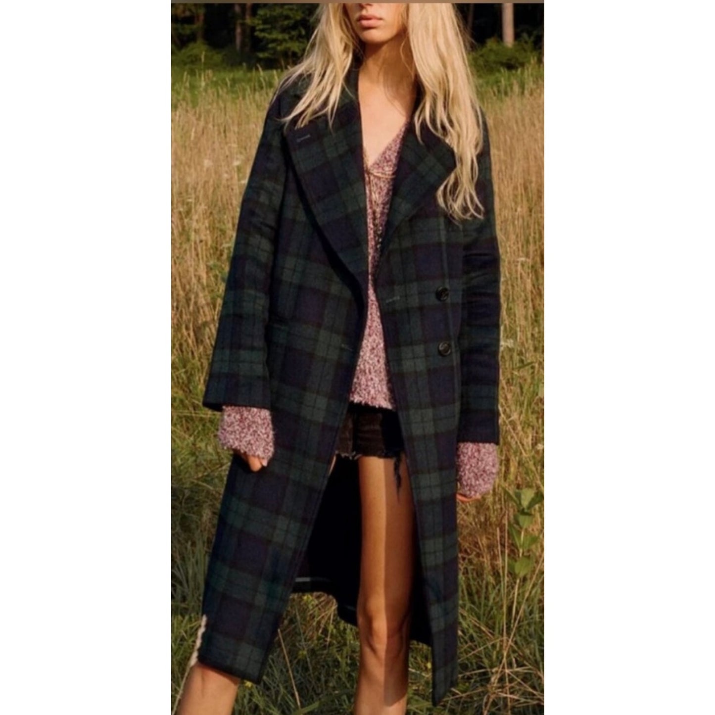 Avec Les Filles Green/Black Plaid Wool Coat - Size Petite