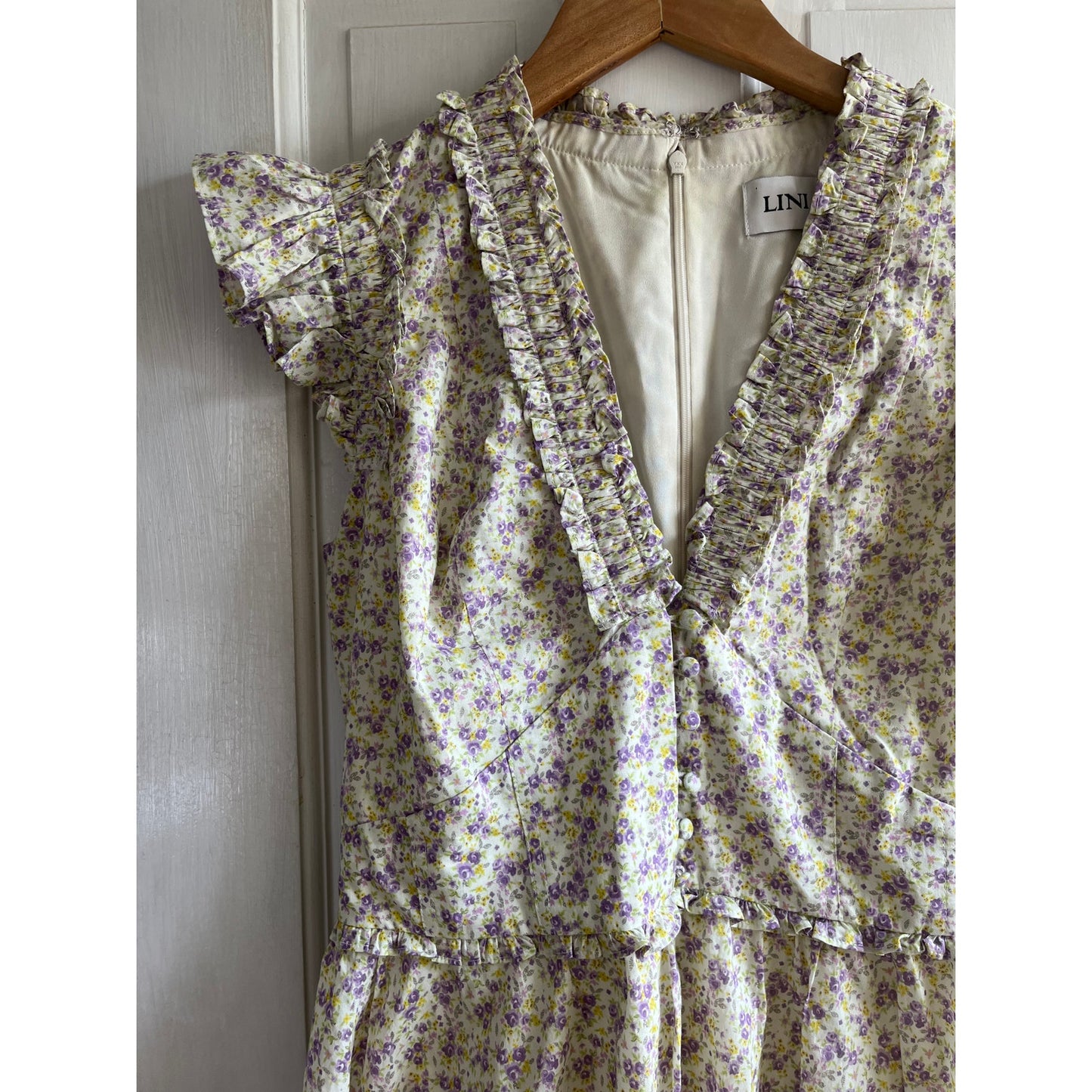 LINI Melissa Floral Mini Dress Ruffle Fit Flare Smocked V-Neck Blue Pink Small