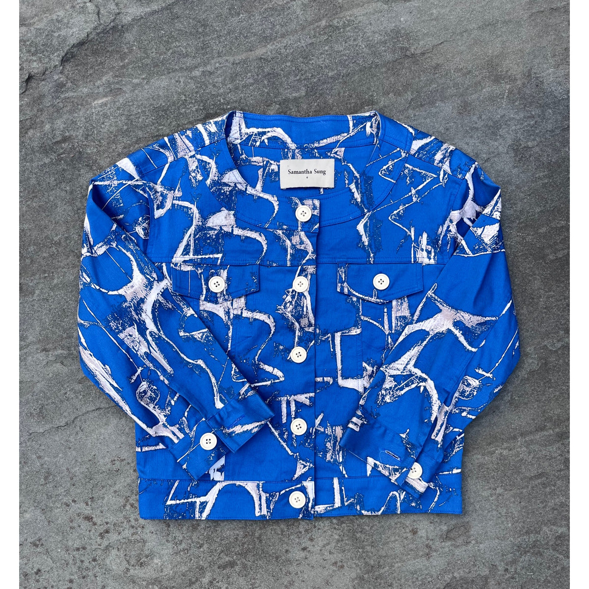 Samantha Sung Hand Printed Bali Cropped Jacket Blue White Abstract Cotton Size 6