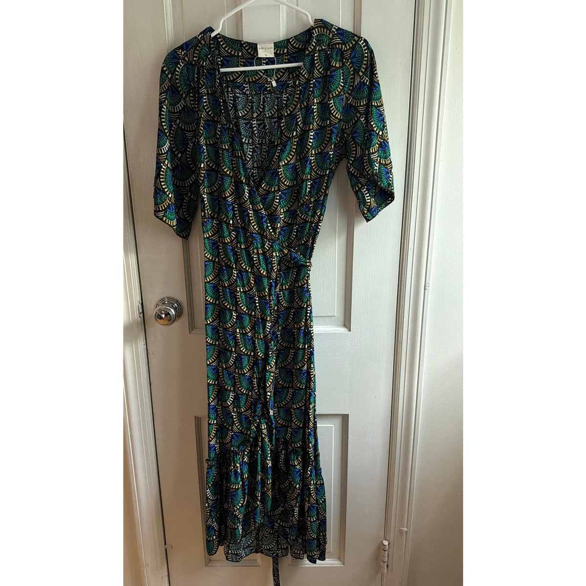 Silk And Salt Size XS Black, Yellow, Green Pattern Wrap Around Dress