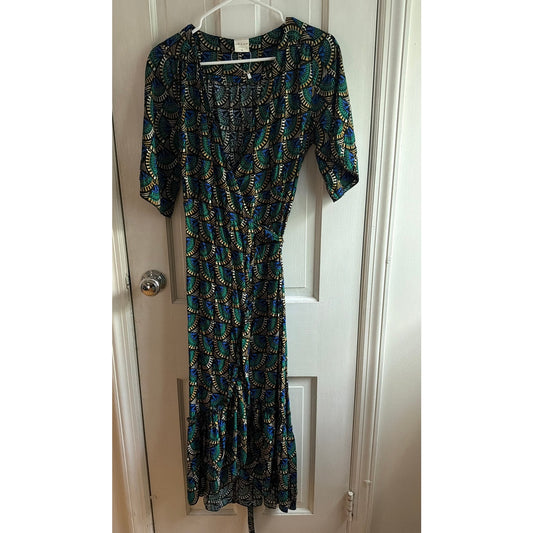 Silk And Salt Size XS Black, Yellow, Green Pattern Wrap Around Dress