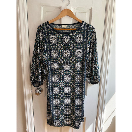 Max Studio Dress Size Large Blue Geometric Pattern 3/4 Sleeve Shift