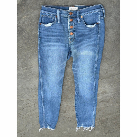 Madewell The Mid-Rise Kick Out Crop Jeans Black Raw Hem Size 23 EUC