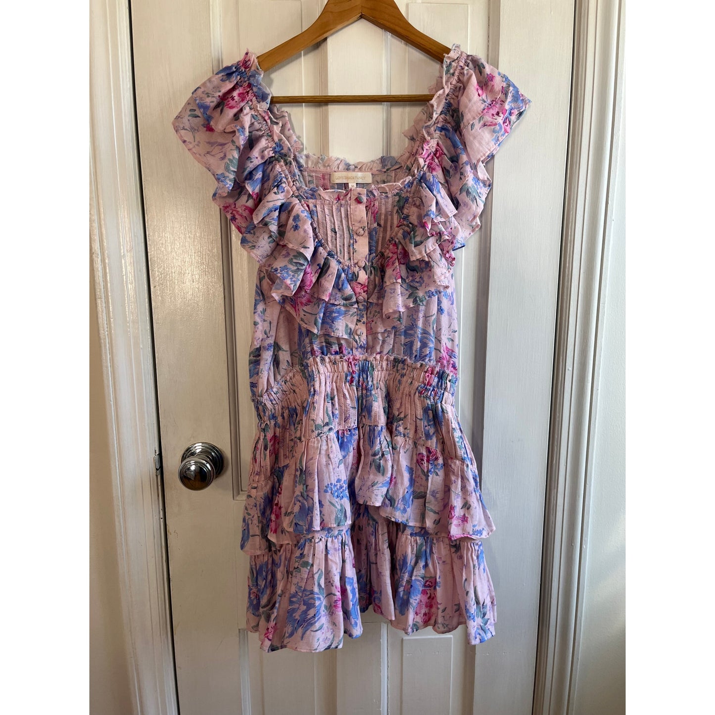 LoveShackFancy Love You More Floral Tiered Mini Dress M - Whimsical Pink Purple