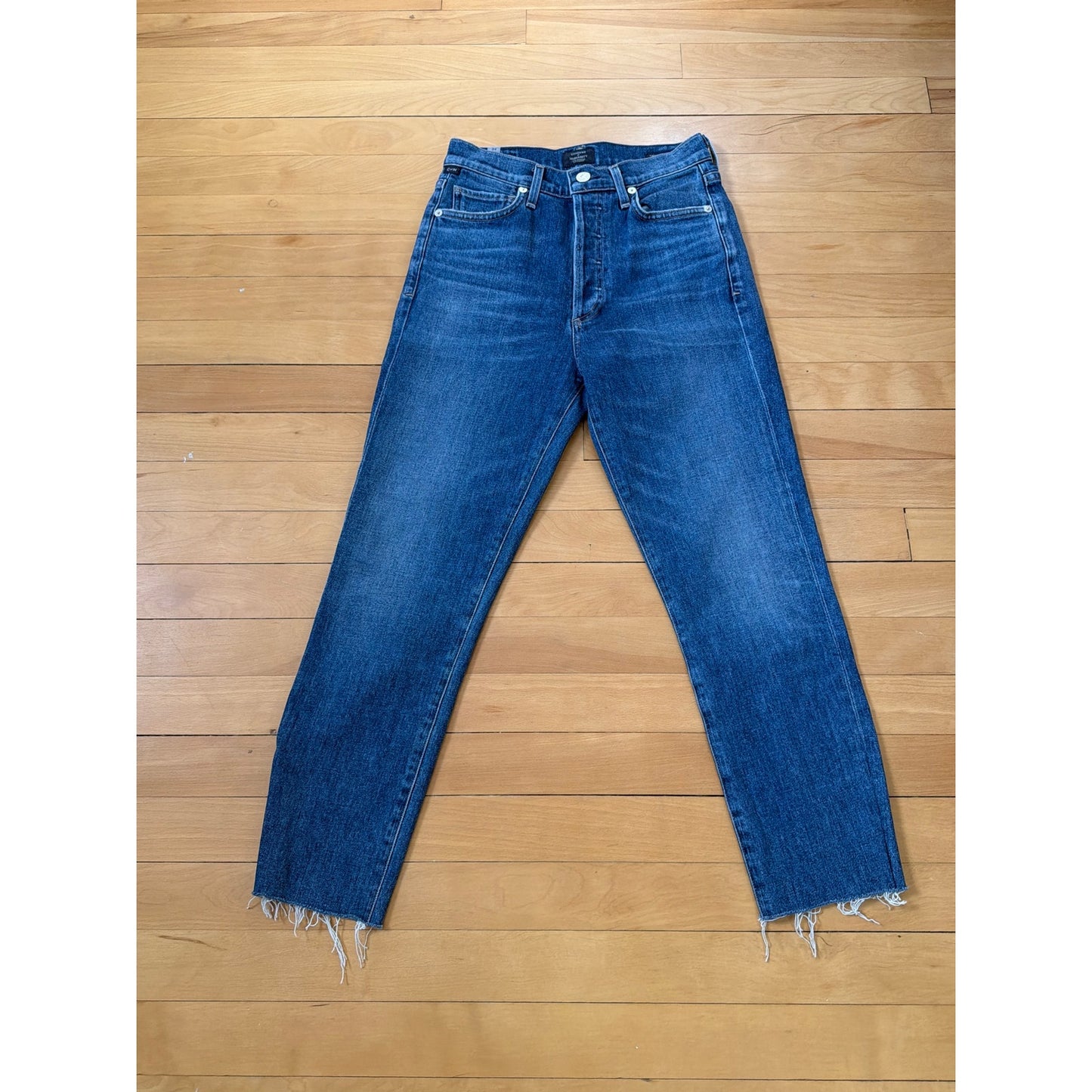 Citizens of Humanity Size 24 High Rise Slim Ankle Dark Wash Distressed Hem Multi-Button Jeans