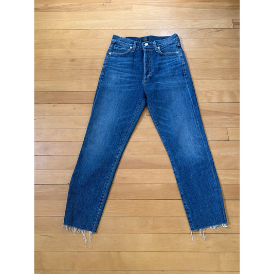 Citizens of Humanity Size 24 High Rise Slim Ankle Dark Wash Distressed Hem Multi-Button Jeans