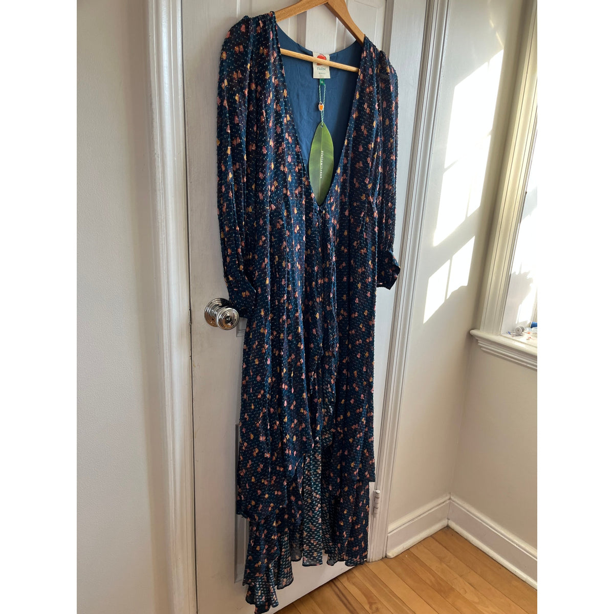NWT Farm Rio Mini Cashew Wrap Dress Blue Multi Gold Sparkle Shimmer Size XS