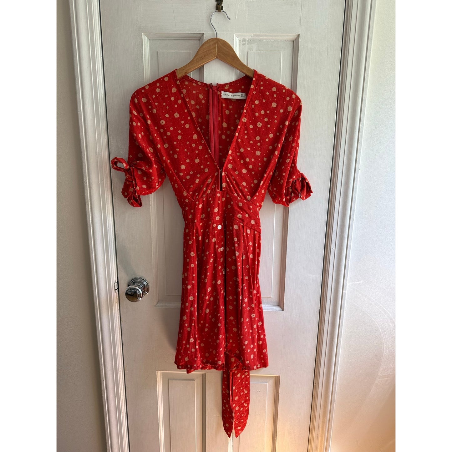 Faithfull The Brand Red Polka Dot Midi Dress Short Sleeve Belted Size 4 US EUC