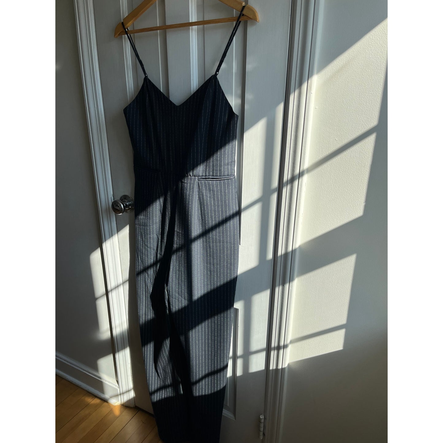 Anthropologie The Essential Pinstripe Jumpsuit Navy White Wide Leg Size 4