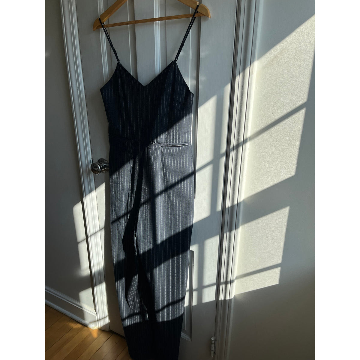 Anthropologie The Essential Pinstripe Jumpsuit Navy White Wide Leg Size 4