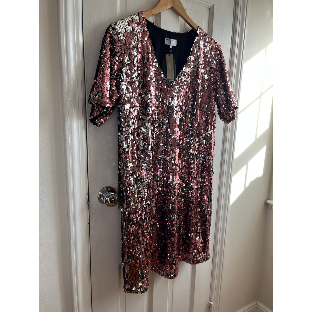 Universal Standard x J.Crew Sequin Dress Pink V-Neck Shift Mini NWT Medium Rare