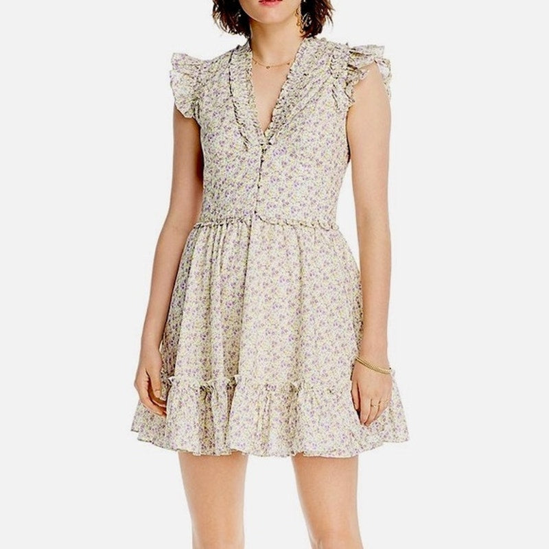 LINI Melissa Floral Mini Dress Ruffle Fit Flare Smocked V-Neck Blue Pink Small
