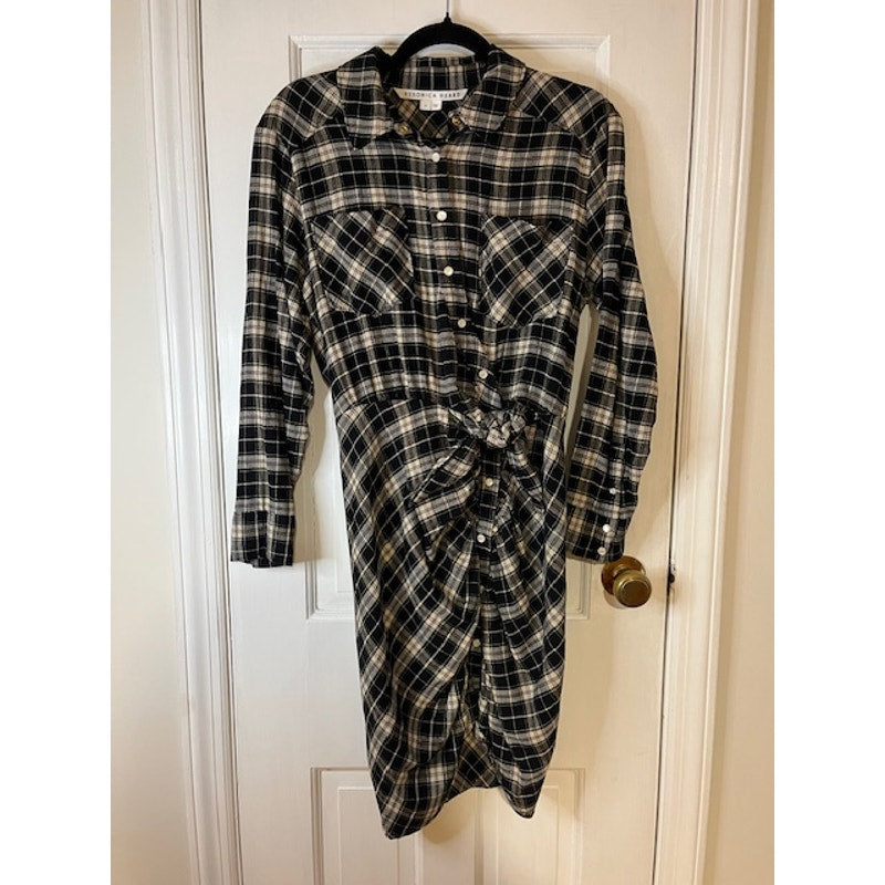 Veronica Beard Sierra Plaid Dress, Pearl Button Front with Ruched Tie - size 6