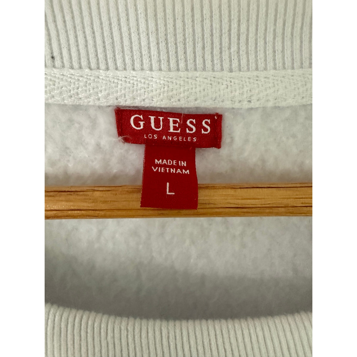 Vintage GUESS Logo Tape Trim Cropped Sweatshirt Womens Large White Red Stripe L