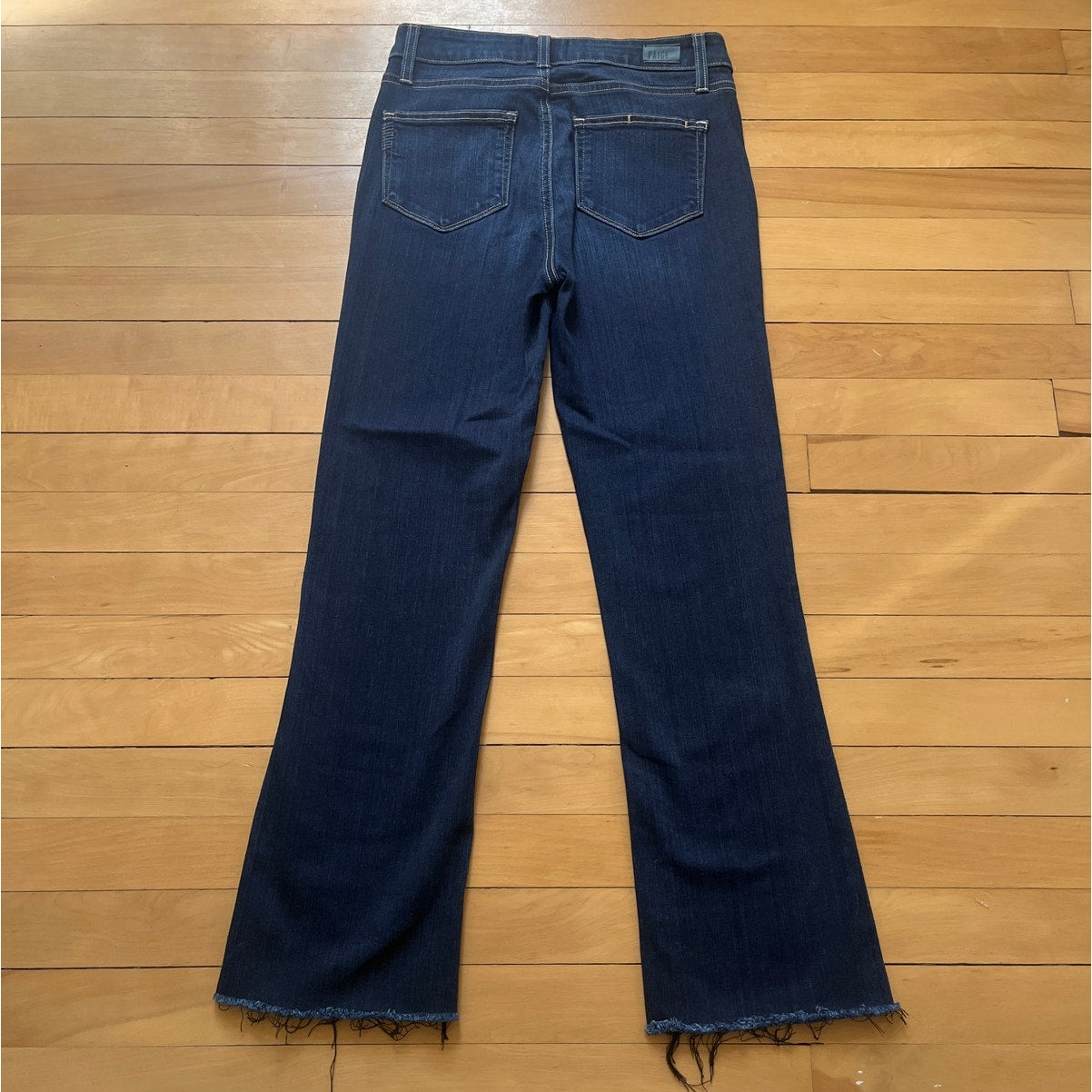 PAIGE High Rise Manhattan Bootcut Jeans Dark Wash Frayed Hem 25 EUC