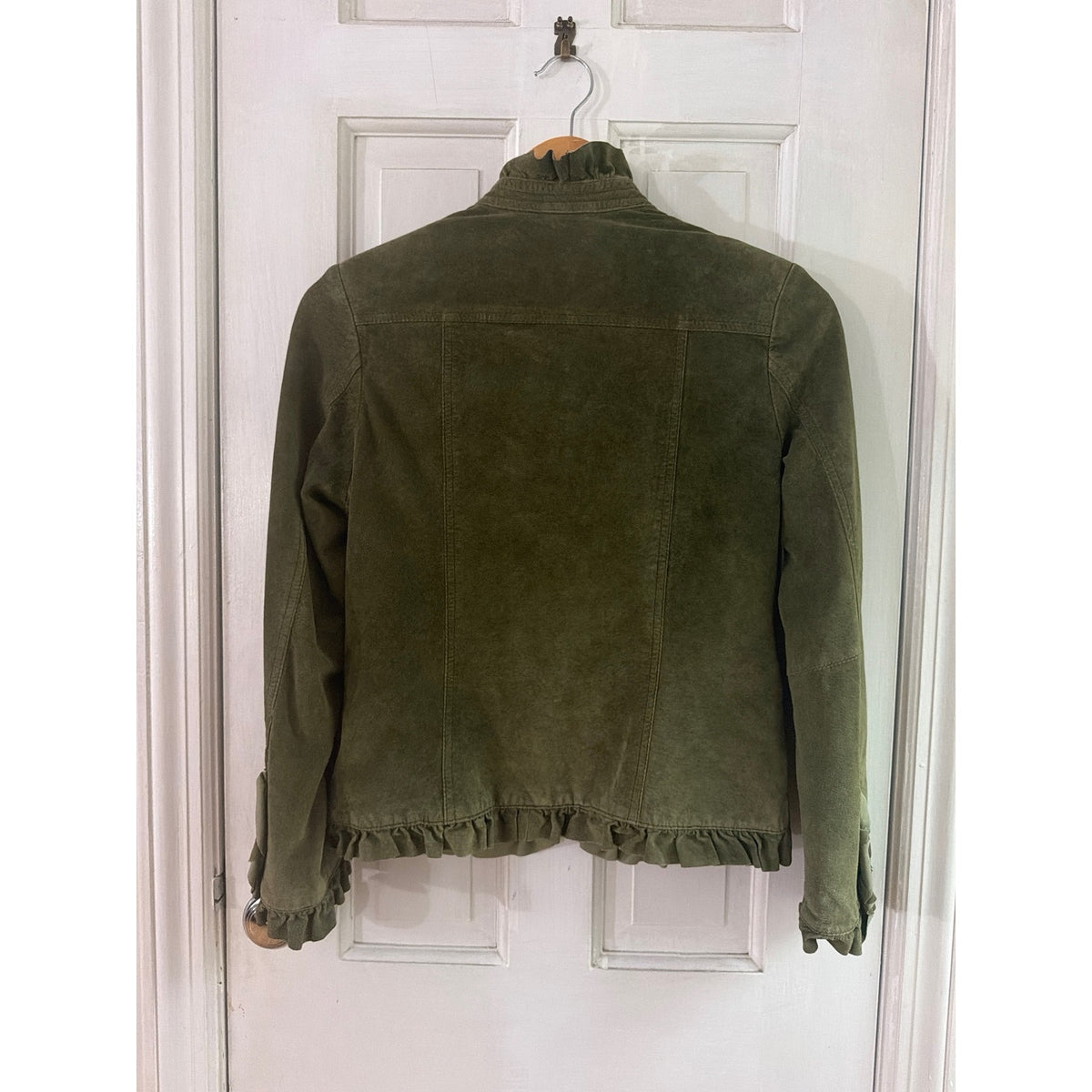 Vintage Marc Baxis Jacket Womens Small Green Genuine Suede Ruffle Trim Military