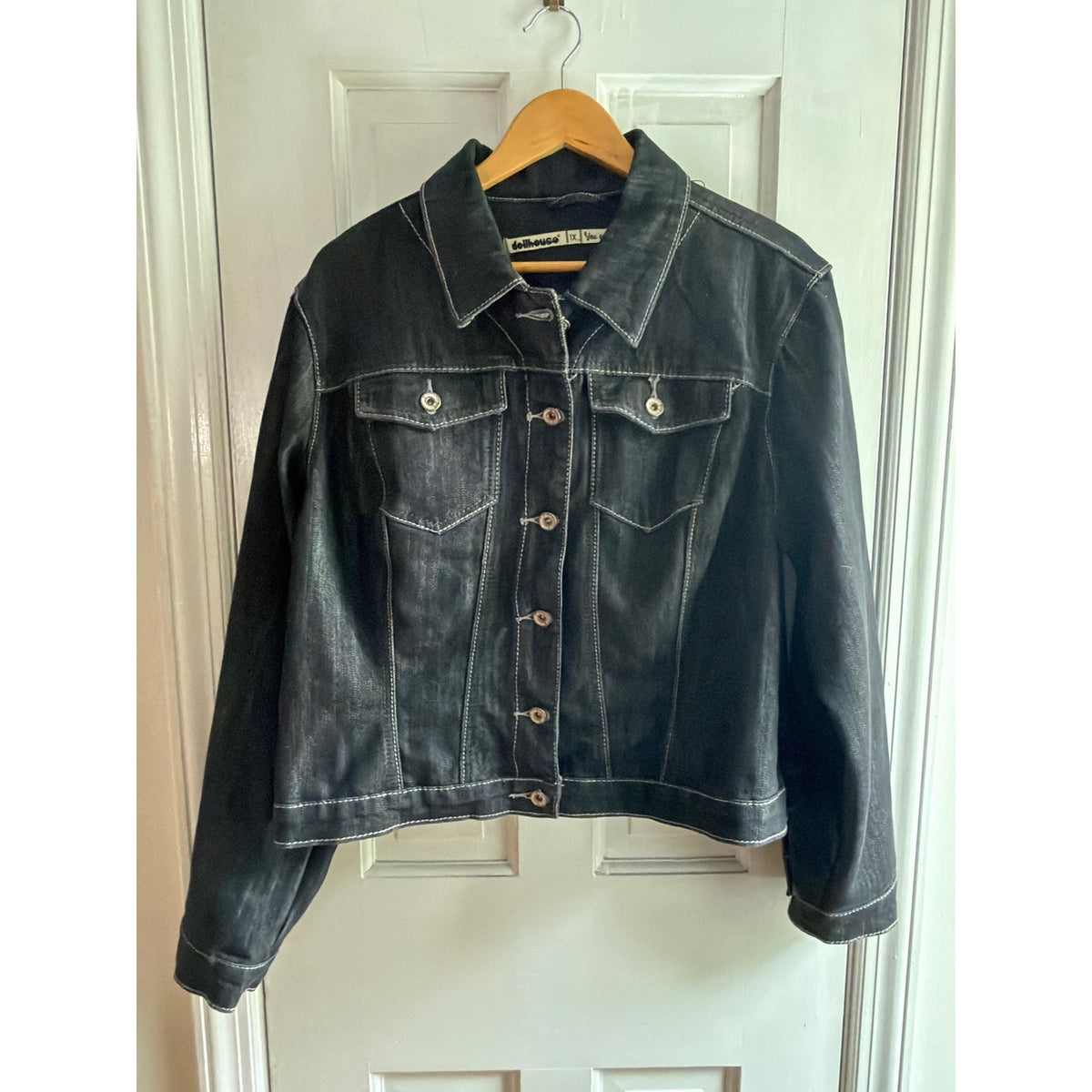 Dollhouse Black Contrast Stitch Denim Trucker Jacket 1X NEW