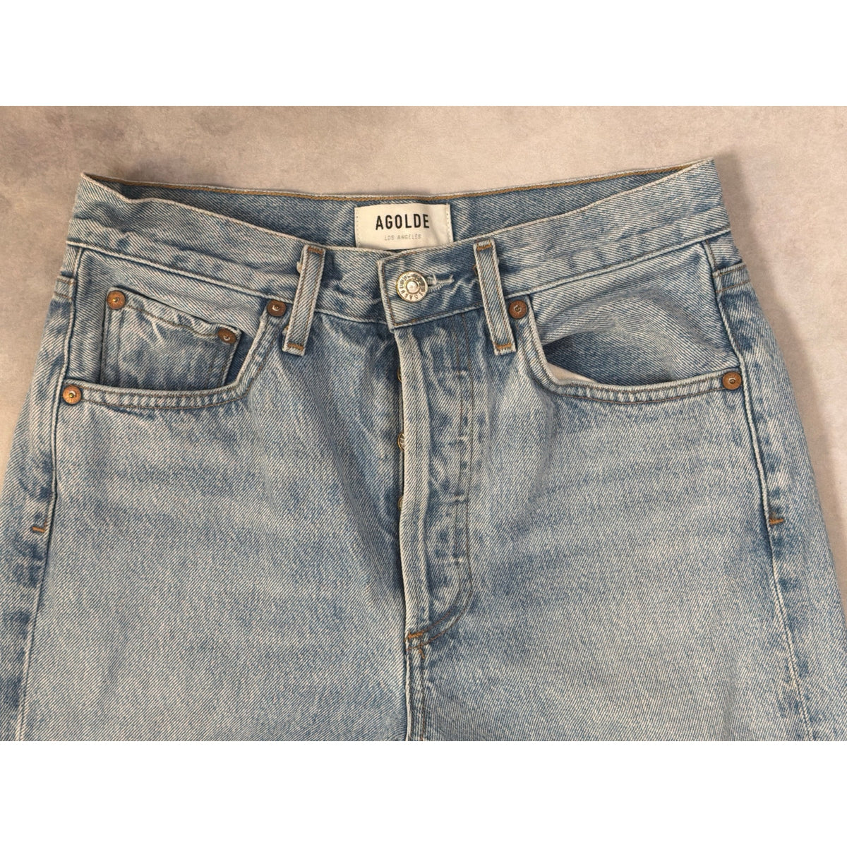 AGOLDE Straight Leg Button Fly Jeans Women’s Size 29 Distressed Hem Blue Denim