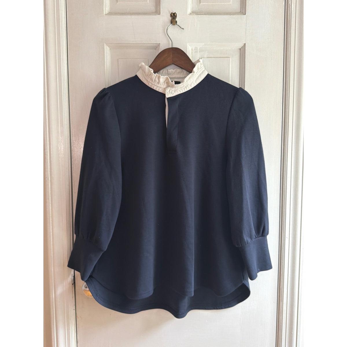 Pomander Place Navy Ruffle Collar Pullover Top Knit Sweatshirt Blouse Women S