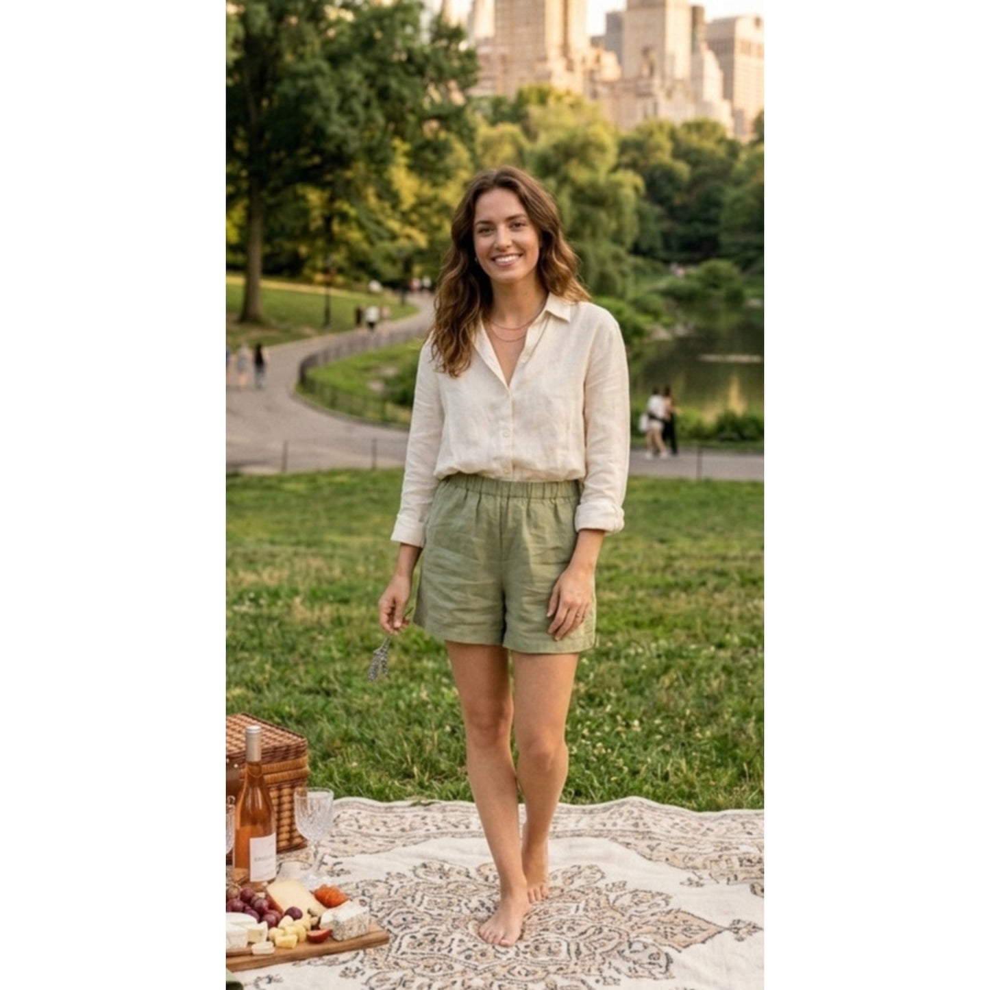 EILEEN FISHER Green Organic Linen Shorts Petite EUC Elastic Waist Pockets