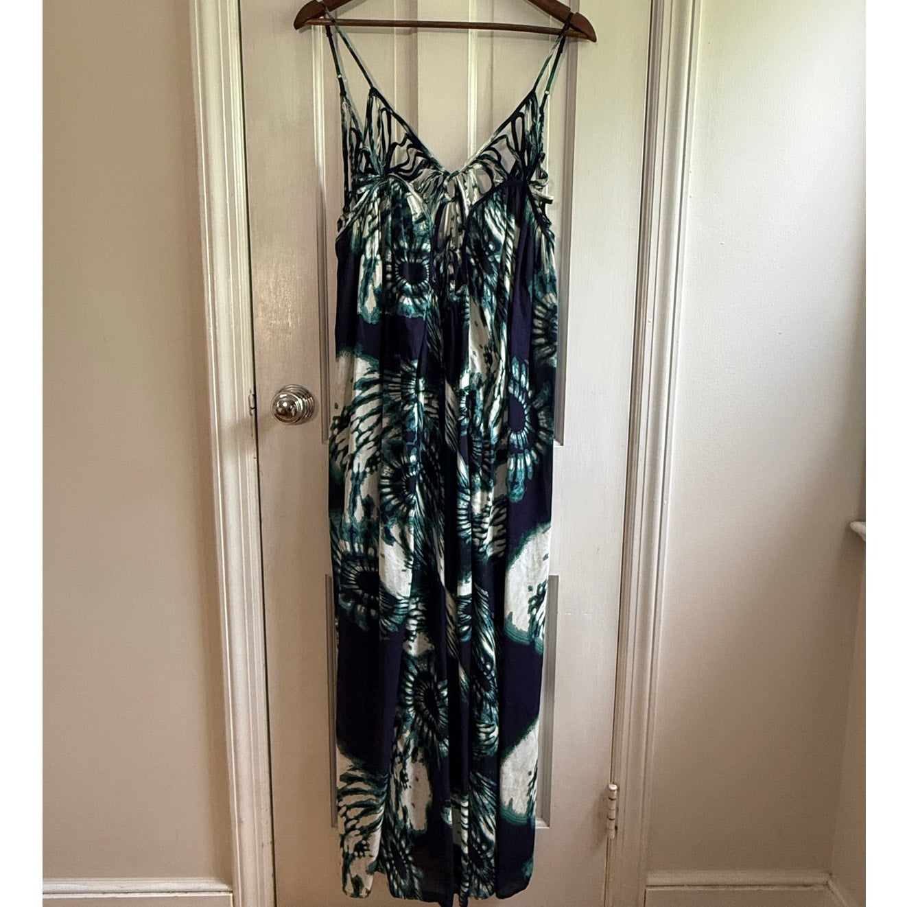 Anthropologie Dolan Eliska Maxi Dress XL Blue Green Abstract Tie Dye Strappy EUC