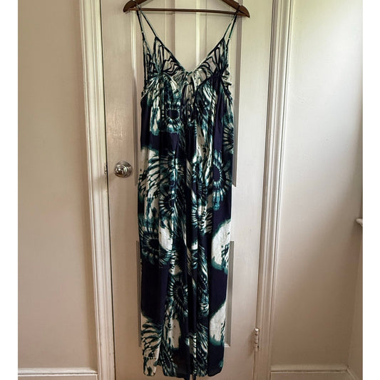 Anthropologie Dolan Eliska Maxi Dress XL Blue Green Abstract Tie Dye Strappy EUC