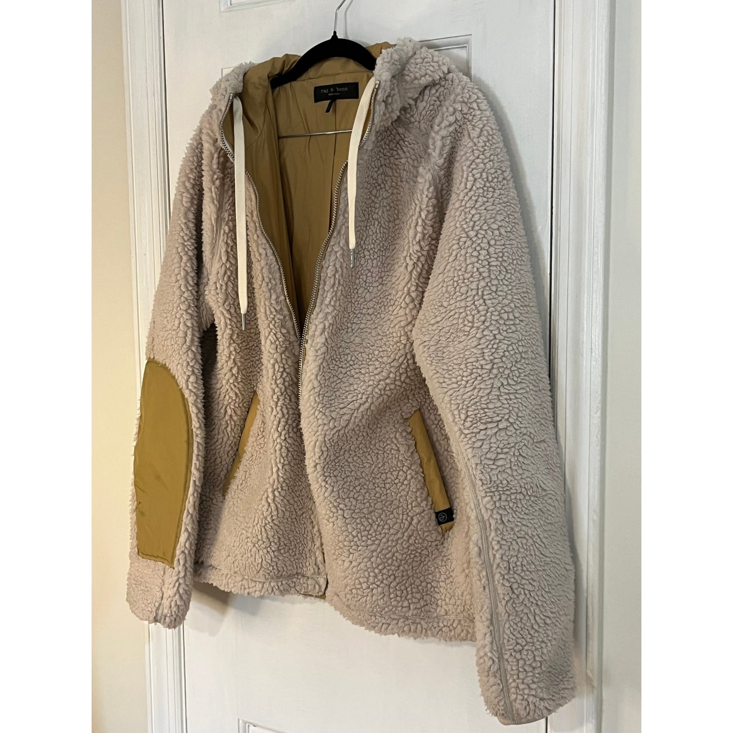 Rag & Bone Men’s Reversible Teddy Fleece Jacket | Tan Sherpa Hooded Parka | Large