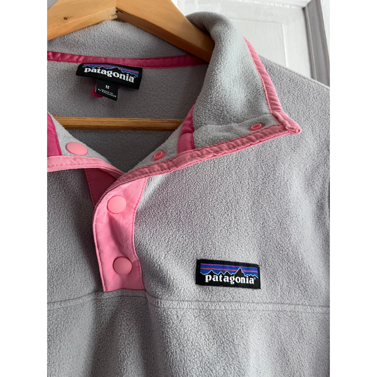 Patagonia Micro D Snap-T Fleece Pullover Heather Grey Pink Trim Women M